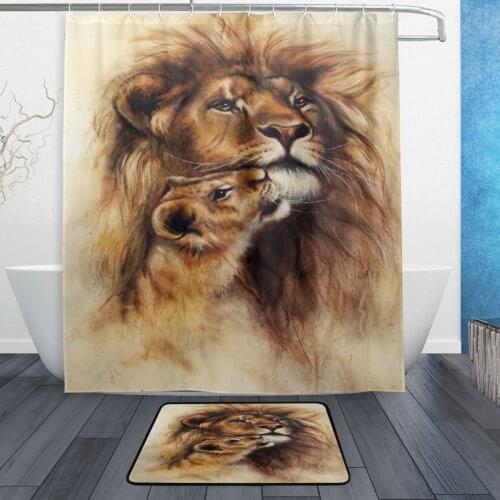 Vintage Painting of Loving Lion Waterproof Polyester Fabric Shower Curtain with Hooks Doormat Bath Floor Mat Bathroom