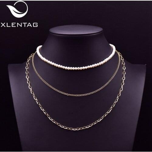 XlentAg Luxury Three-layered Natural Freshwater White Pearls Beaded Necklace Chains Women Best Friends Party Boho Jewelry GN0200