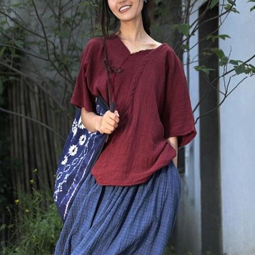 Johnature Women Cotton Linen T-Shirts Patchwork V-Neck Short Sleeve Red Vintage Clothing 2021 Summer New Loose T-Shirts