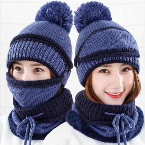 3Pcs Winter Women Thicken Warm Knitted Pompom Beanie Hat Cap Scarf Face Mask Set