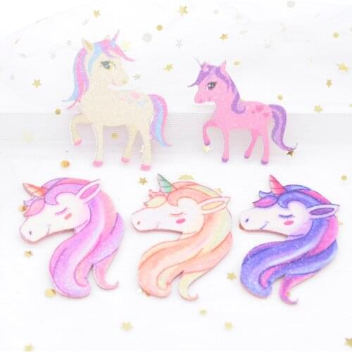 5Pcs/lot Glitter Print Fabric Appliques Unicorn Horse for DIY Crafts Cake Topper Headwear Hair Clips Supplies Decor Patches H55