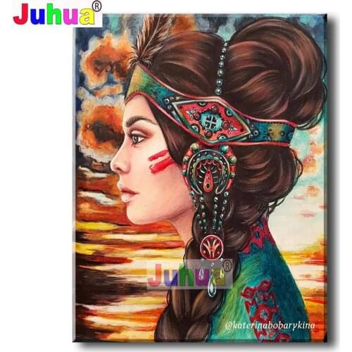 5d DIY Diamond Painting Full Square/Round Indian Feather Girl Diamond Embroidery Complete Kit Mosaic Portrait woman Puzzle