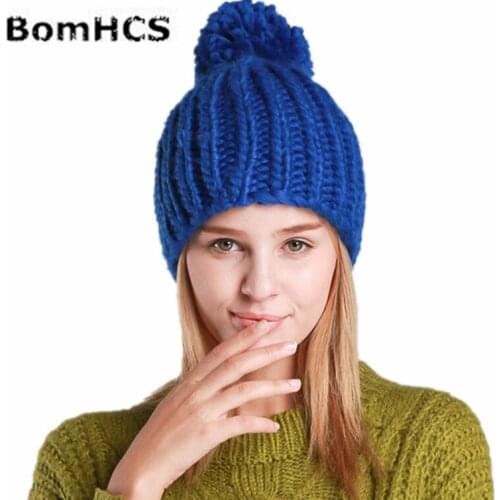 BomHCS Winter Beanie Girls 100% Handmade Knitted Hats Women Beanies Pompom Caps with Top Ball