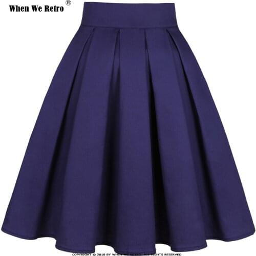 Women Cotton Navy Blue Rose Black Skirt SS0012 50s 60s Hepburn High Waist Vintage Retro egirl Skater Pleated Skirt