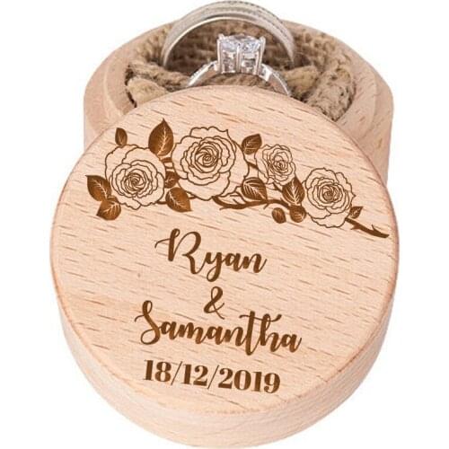 Elegant Personalized Ring Box with Rose Flower Wedding Engagement Proposal Ring Holder Bearer Box Wooden Name Round Custom Boxes