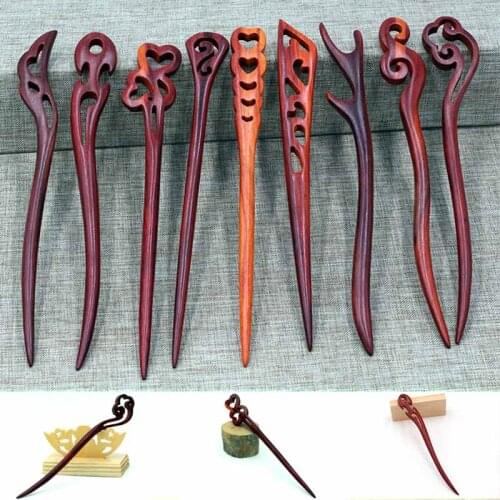 FORSEVEN Chinese Wedding Bride Noiva Hair Ornaments Red Carve Sandalwood Hairpins Clips Wooden Hair Fork Sticks Headpieces