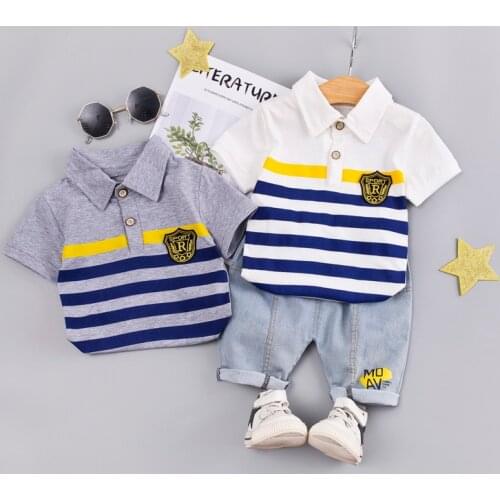 2021 Summer Fashion Style Kids Clothes Suit Short-sleeved Cotton Striped Top Stripe Letter T-shirt Five Point Jeans