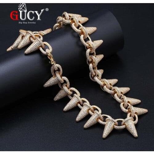 GUCY Iced Out Heavy Punk Rivet Choker Bling Cubic Zircon Mens Hip Hop Spikes Necklace Gold Silver Color Jewelry Chain 18" 22"