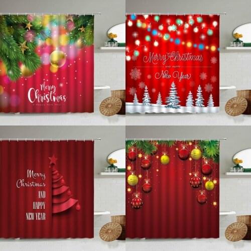 Red Merry Christmas Shower Curtain New Year Themed Bathroom Christmas Tree Balls Holiday Poster Gift Home Decor With Hook Screen