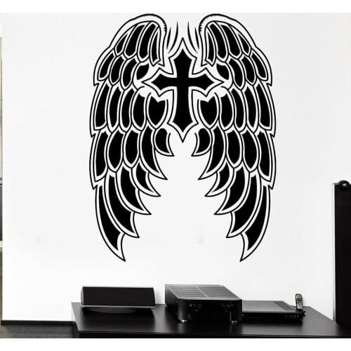 Cross Symbol Wall Decal Daemon Angel Wings Heaven Art Mural Vinyl Window Stickers Church Bedroom House Interior Decoration S1326