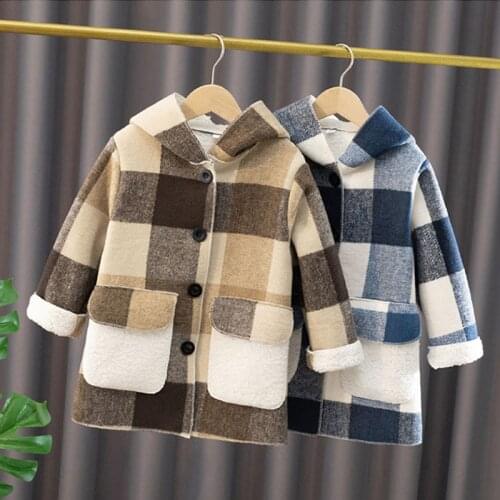 2021 Winter Jacket for Boys Children Outwear Girl Woolen Coat Kids Hooded Long Plaid Jackets Autumn Velvet Fleece Clothes