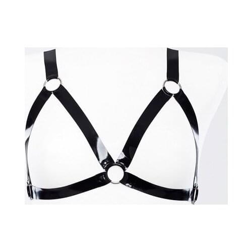 Latex Black Women Elastic Cage Bra Crop Top Body Latex Harness Sexy Rubber Belt with Metallic Rings