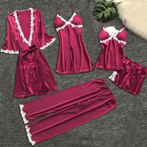 Fashion 5 Piece Pajamas Sets Womens Nightgown Women Sleepwear Silk Pajamas Summer Homewear Sexy Lace Lounge Wear Set