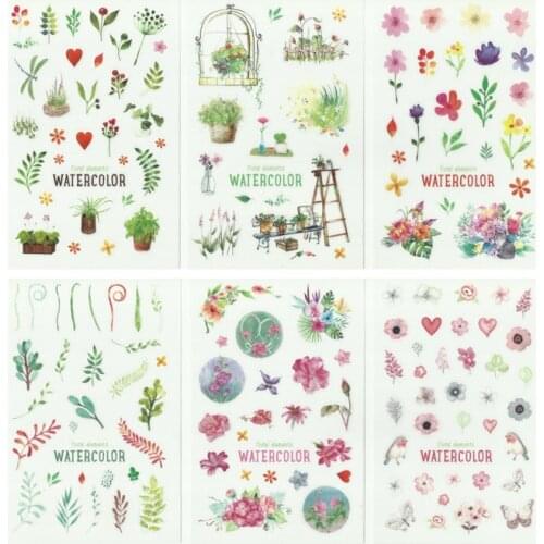 6pcs Floral Elements Stickers Set Watercolor Garden Plant Flower Sticker DIY INS Style Decoration Diary Frame Gift Zakka A6410