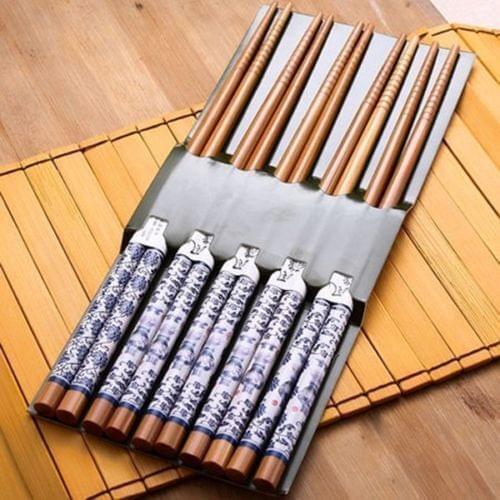 Pack of 5Pairs blue n white porcelain painting Bamboo Cutlery Chopsticks Chinese