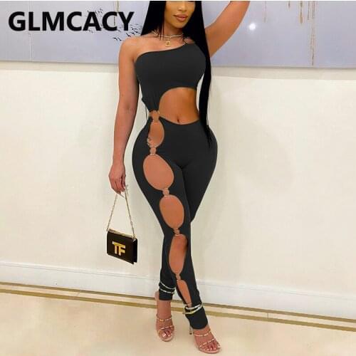 One Shoulder Cut Out Skinny Jumpsuit Sexy Party Club Summer Overalls