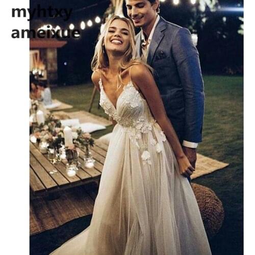 Sexy Boho Wedding Dress 2020 Appliqued With Flowers Tulle A-line Sexy Backless Beach Bride Dress Wedding Gown Free Shipping