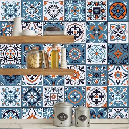 Spanish Style Retro Floral Strip PVC Tiles Wall Stickers Kitchen Home Decor Poster Waterproof Ground Art Mural Customed