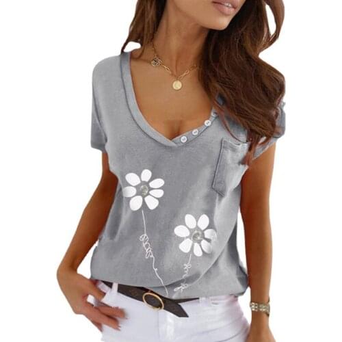 Women Summer New Style Printed Short-Sleeve V-Neck Low-Cut Sweet Cotton Fashion T-Shirt Ladies Casual Oversize Button Tee Tops