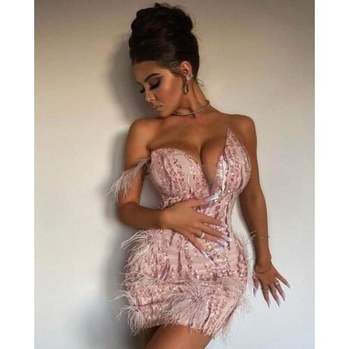 Women Sexy Girl dresses Sling leeveless V-Neck Mini PINK Celebrity stage Elegant Evening Party Show Dress