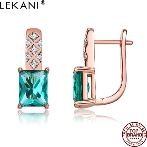 LEKANI Romantic Stud Earrings Women Copper Rose Gold Plated Inlaid Square Shape Green Cubic Zirconia Female Earring New Arrival