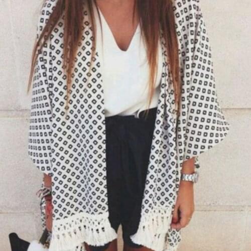 2019 New Women Plaid Cardigan Tassel Casual Loose Geometry Printed Summer Cotton Open Shirts Coat Shawl Kimono Lot
