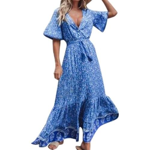 2 Pcs Maxi Dress Women Summer Short Sleeve V Neck High Waist Dress Floral Print Boho Beach Long Dress Royal Blue, S & L