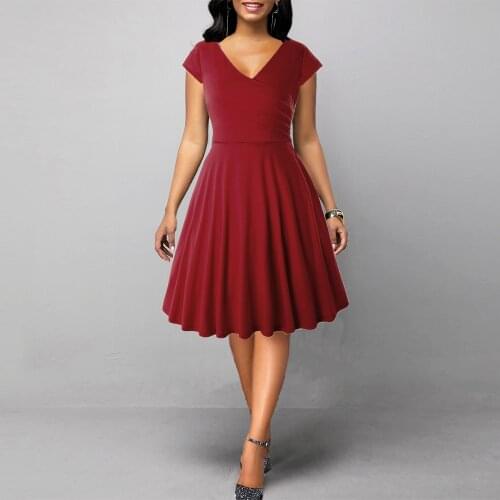 MISSJOY 2020 New Women Vintage Solid Color Summer Plus Size 5XL A-Line pin up Cap Sleeve V Neck Cocktail Swing Party Dresses