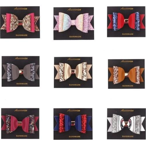 15pcs/lot Super Adorable Bowknot Headdress PU Leather Sequin Bow Hair Clips Glitter Hairpins Hairgrips Girl Sweet Barrettes