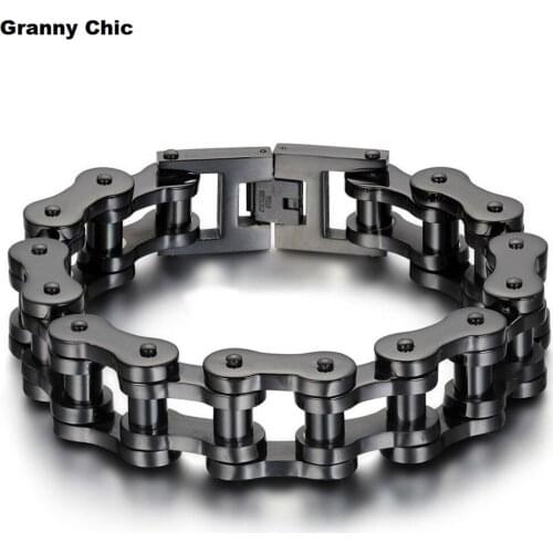 Granny Chic Mens Jewelry Fashion Silver or Black Stainless Steel Motorcycle Biker Heavy Wide Bracelet 18mm9"