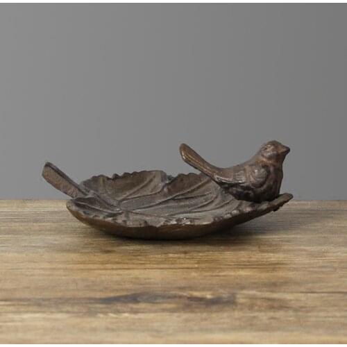 Rustic Maple Leaf Cast Iron Storage Tray With Bird Figurines On For Decoration Farm House Accents Home Tabletop Metal Plate