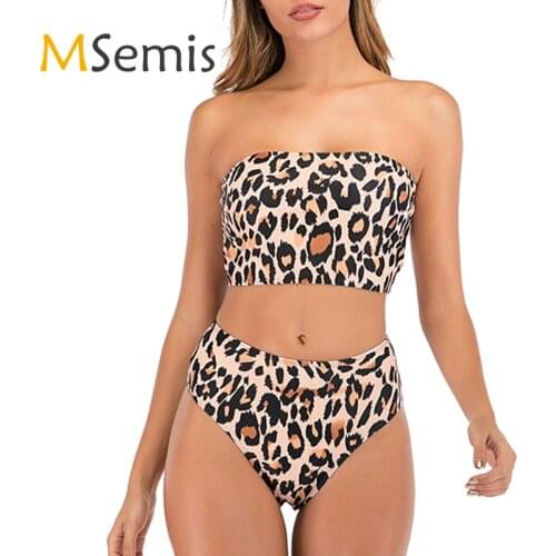 2Pcs Womens Swimsuit Leopard/Leaves Print Swimwear Padded Push Up Bandeau Bra Top with High Waist Bikini Bottoms Bathing Suits