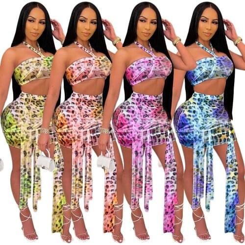 Echoine Leopard Print Sheer Mesh Bandage Lace Up Skirt Set Two Piece Set Sexy Halter Crop Top Skirt Party Clubwear Outfits