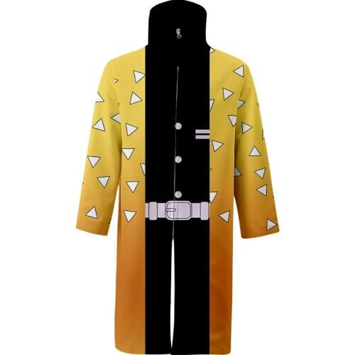 Anime Demon Slayer Agatsuma Zenitsu 3D Printed Cosplay Costume Stand Collar Coat Robe