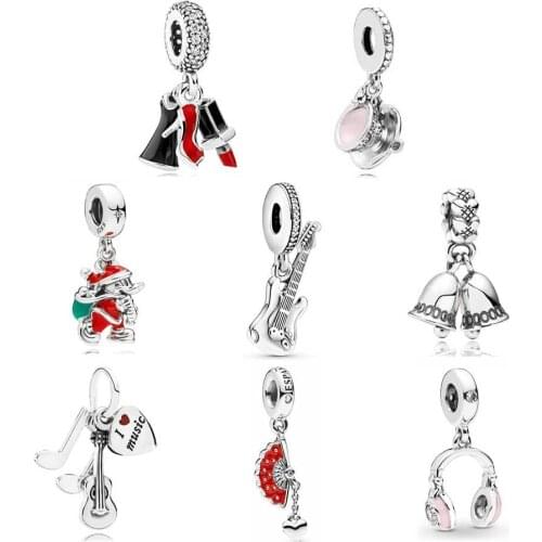 Red Enamel Spain fan With Love Heart Lipstick Dress Stiletto Pendant Bead Fit Europe Bracelet 925 Sterling Silver Charm Jewelry