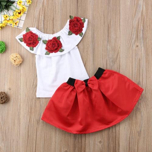 Summer Kids Baby Girl Clothes Off Shoulder 3D Rose Flower Tops T shirt Bow Princess Skirt Clothes 2PCS Outfit 2-7 Years