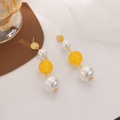 Korean Style Fashion Trend Beaded Pearl Long Color Yellow Bead Precious Color Bead Earrings Wild 2021 New And Gentle