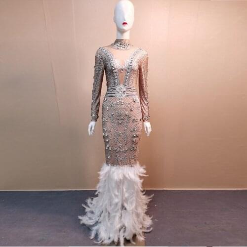 2019 Women New fashion Feathers Dress Silver Beads Diamond Long Maxi Evening Celebrity Party Runway Vestidos Eelgant Wholesale