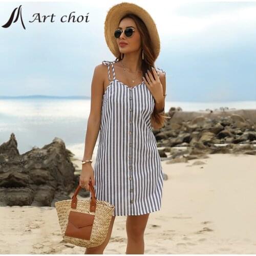 New Women Sexy Mini Spaghetti Strap Dress Summer Stripe Sundress Sleeveless Backless Button Bandage Bodycon Ladies Party Vestido