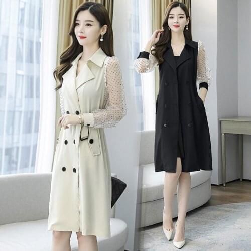Autumn 2020 New Womens Dress Double-breasted French Style Fashion Dot Mesh Patchwork Office Ladies Slim Shirt Suit Dress y071