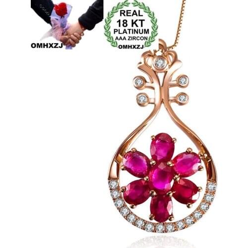 OMHXZJ Wholesale European Fashion Woman Girl Party Wedding Gift Flower Ruby Zircon 18KT Rose Gold Necklace Pendant Charm CA192