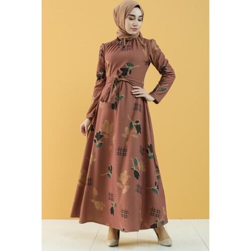 Minahill Floral Pattern Belted Dress 5233-03 Dried Rose 5233-03