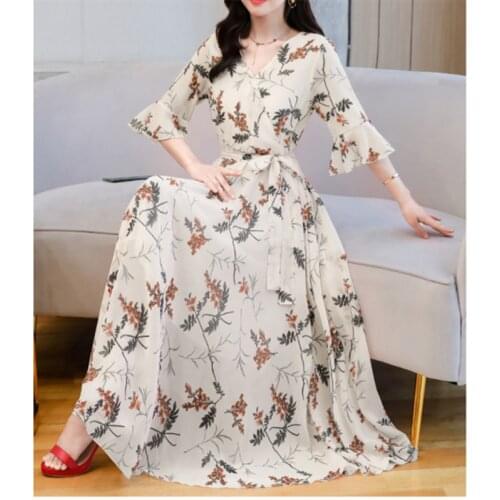 Printed Chiffon Womens Temperament Large Size Short-sleeved Floral Dress New Summer V-neck Slim Party Dresses Vestidos