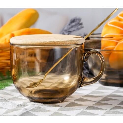 Heat-resistant Glass with Wooden Bamboo Lid Household Milk Oatmeal Breakfast Cup Heat-resistant Large-capacity Amber Cup Style