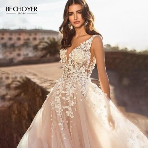 Wedding Dress 3D Flowers Sleeveless A-Line 2021 V-neck Backless Appliques Princess BECHOYER N128 Bride Gown Vestido De Noiva