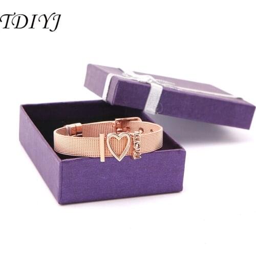 TDIYJ Heart I Love Mom Gift Box Slide Charm New Collection Stainless Steel Rose Gold Bracelet For Mothers Day1Set
