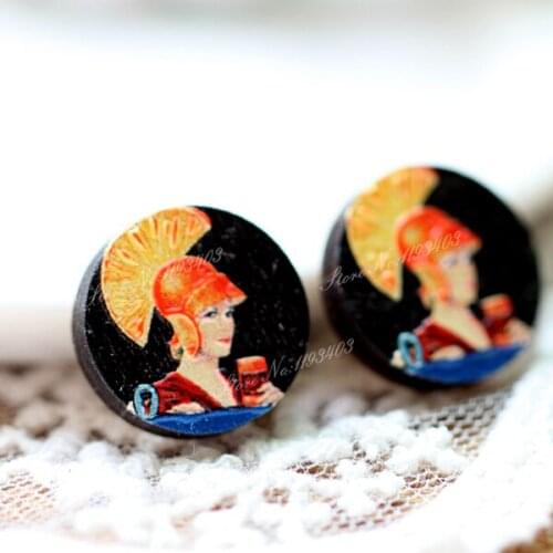 Unique 3D Embossed 16mm Round Coloured Drawing pattern Laser Cut wood Cabochon DIY for Rings, Earring,Brooch,Necklace