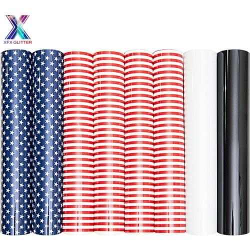 XFX HTV 8 Pcs USA Flag Theme Print Heat Transfer Vinyl Bundle Iron-on Textile HTV for T-Shirt Decoration DIY Craft Stickers HTV