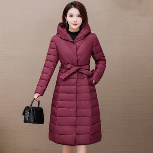 X-Long Winter Parkas for Women Solid Long Ladies Puffer Coats with Sashes Hooded Slim Covered Button Female Parkas for Outwear