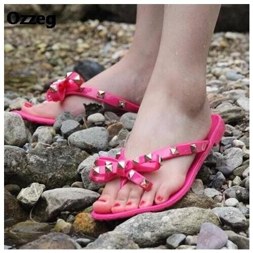 2020 Women Rivets Bowknot Flat Slippers Girls Flip Flops Summer Shoes Cool Beach Jelly Shoes Dropshipping